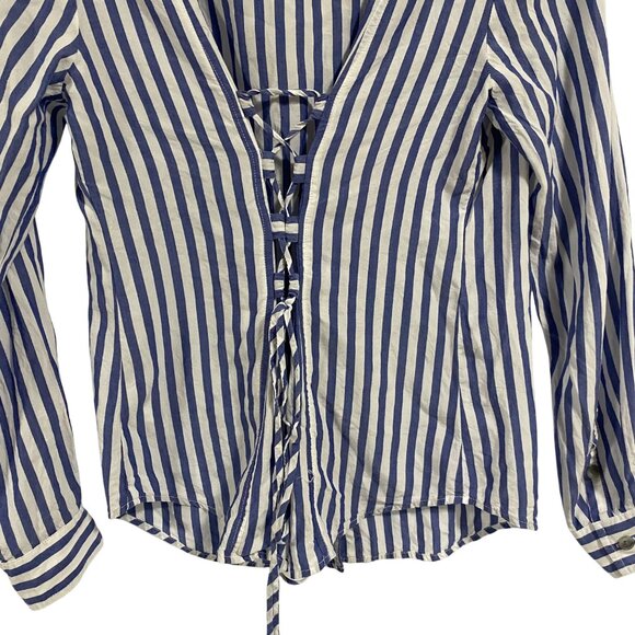 Pilcro and the Letterpress Blue White Striped Button Up Tie Back Blouse Size 6 - Picture 7 of 10
